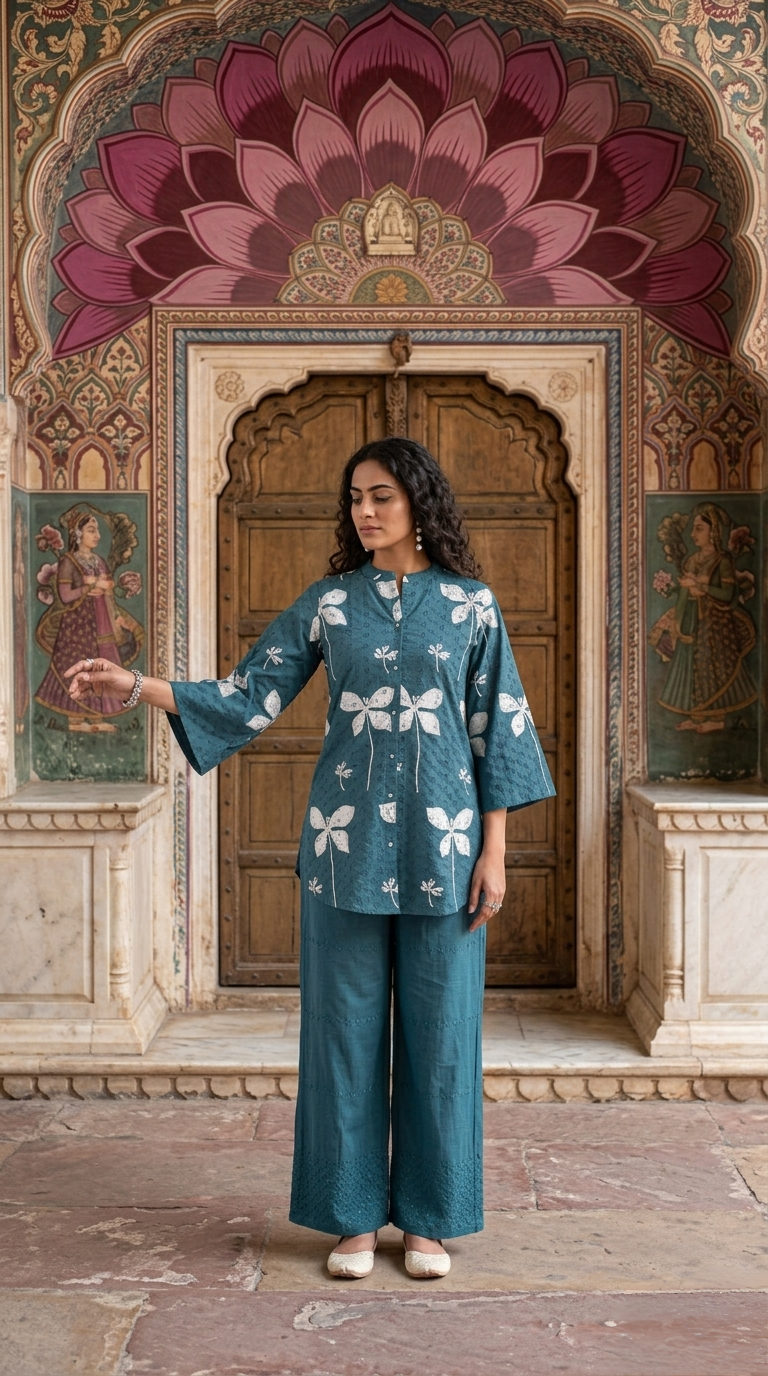 Women's Schiffli Blue cotton co-ord set with soft lining, floral placement print and embroidered cotton pants by Fabculture