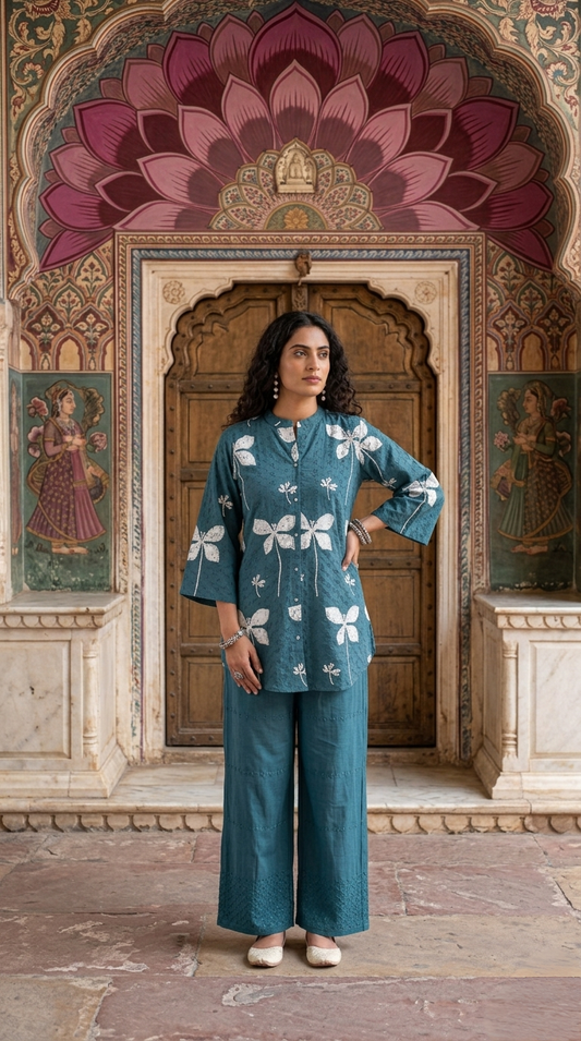 Women's Schiffli Blue cotton co-ord set with soft lining, floral placement print and embroidered cotton pants by Fabculture