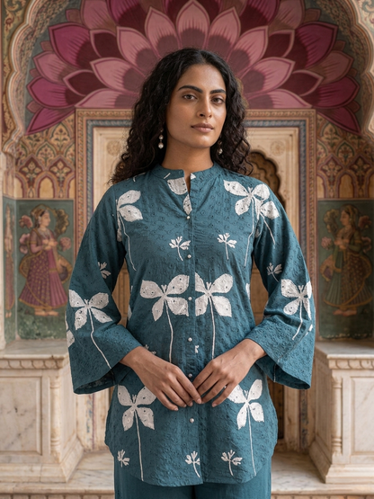Women's Schiffli Blue cotton co-ord set with soft lining, floral placement print and embroidered cotton pants by Fabculture