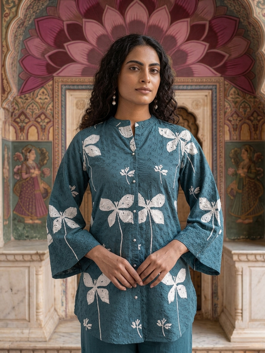 Women's Schiffli Blue cotton co-ord set with soft lining, floral placement print and embroidered cotton pants by Fabculture