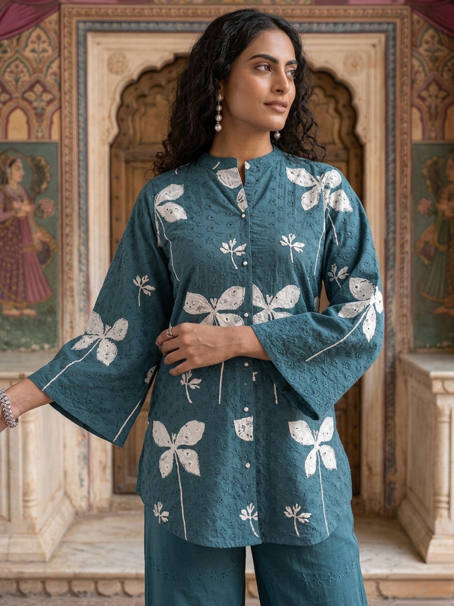 Women's Schiffli Blue cotton co-ord set with soft lining, floral placement print and embroidered cotton pants by Fabculture