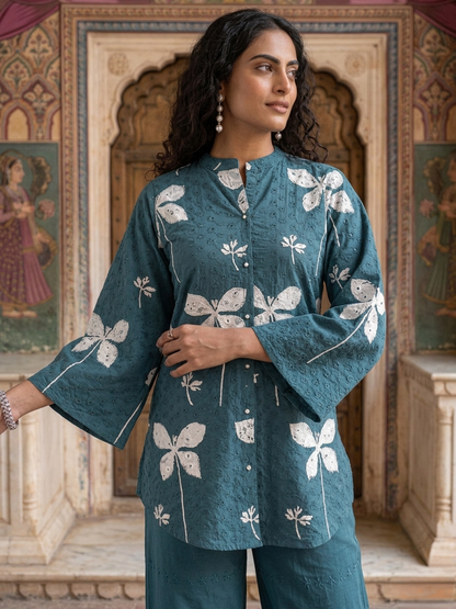 Women's Schiffli Blue cotton co-ord set with soft lining, floral placement print and embroidered cotton pants by Fabculture