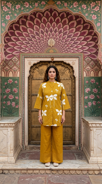 Wildflower Schiffli Cotton Co-ord - Mustard