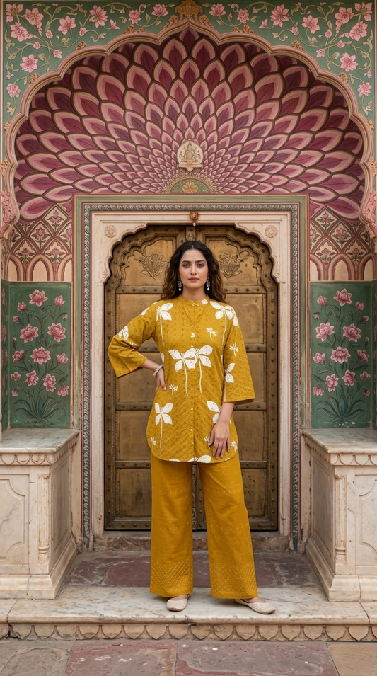 Wildflower Schiffli Cotton Co-ord - Mustard