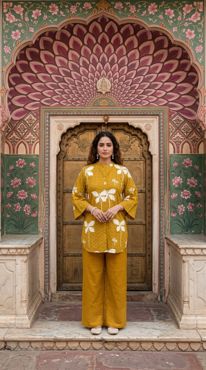 Wildflower Schiffli Cotton Co-ord - Mustard