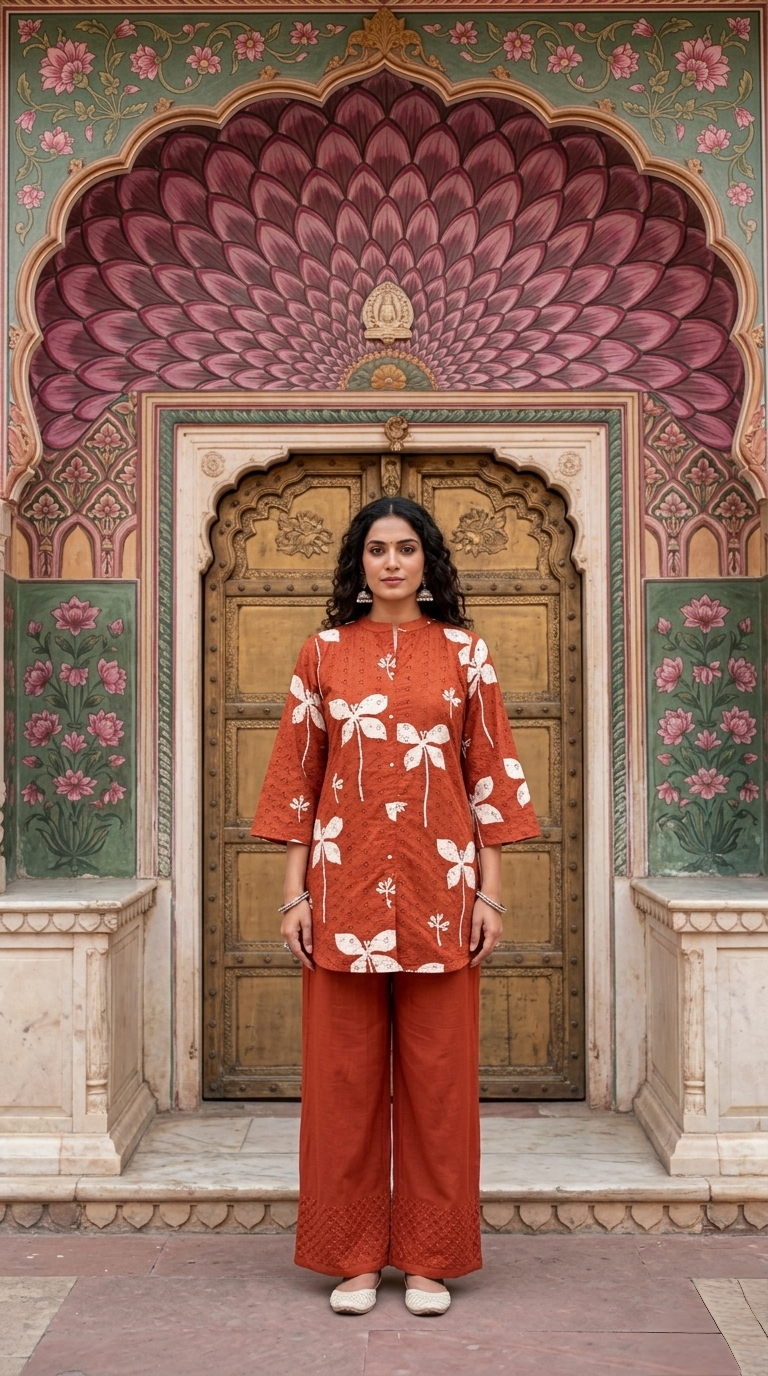 Women's Schiffli Red cotton co-ord set with soft lining, floral placement print and embroidered cotton pants by Fabculture