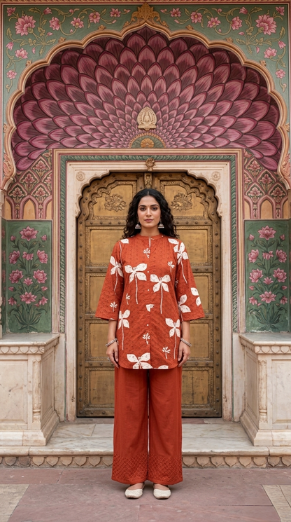 Women's Schiffli Red cotton co-ord set with soft lining, floral placement print and embroidered cotton pants by Fabculture