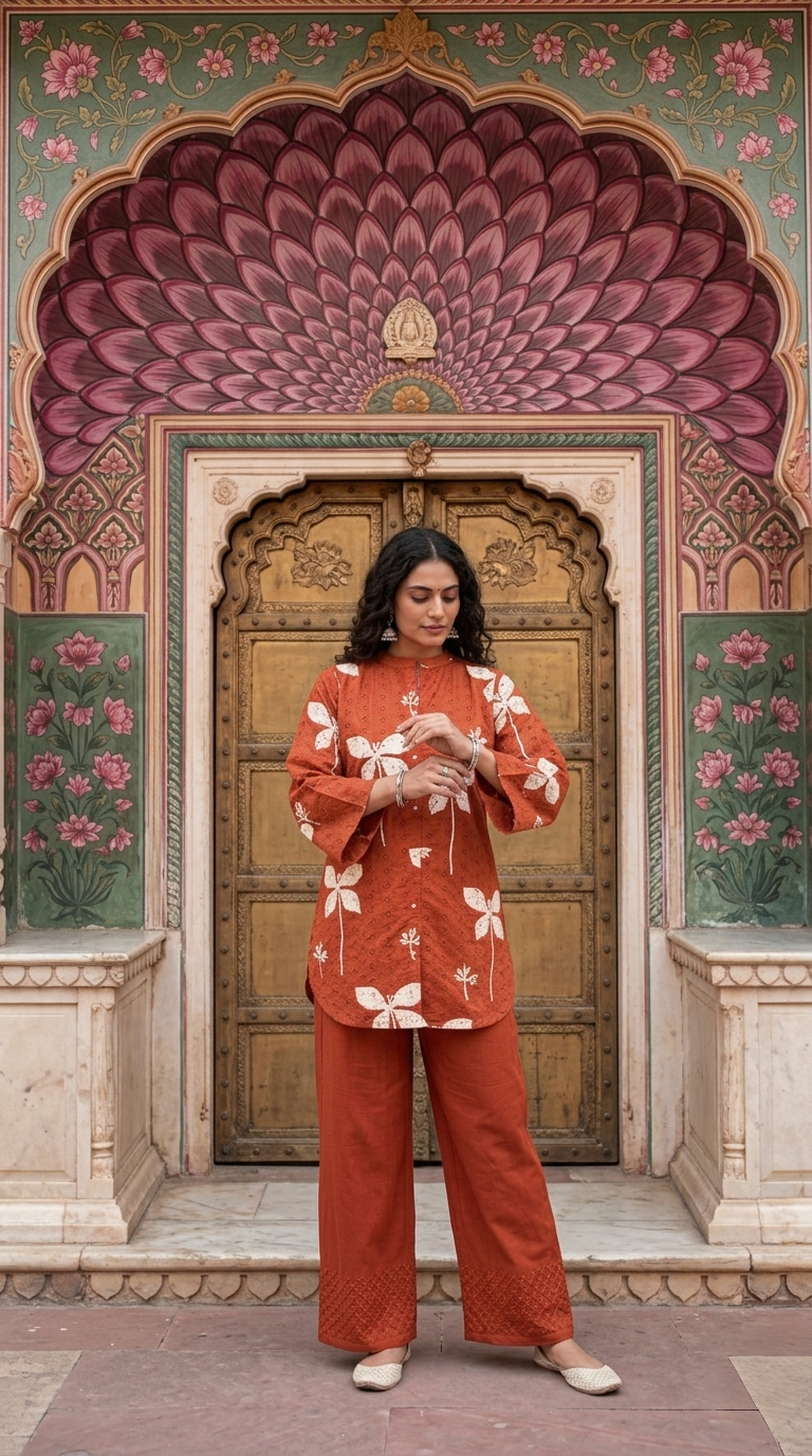 Women's Schiffli Red cotton co-ord set with soft lining, floral placement print and embroidered cotton pants by Fabculture