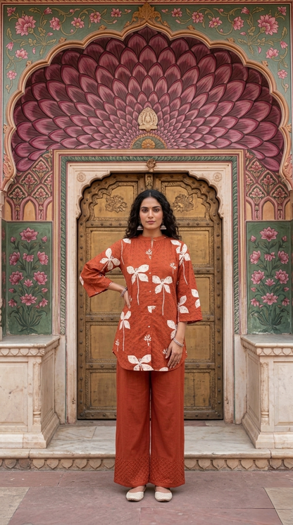 Women's Schiffli Red cotton co-ord set with soft lining, floral placement print and embroidered cotton pants by Fabculture