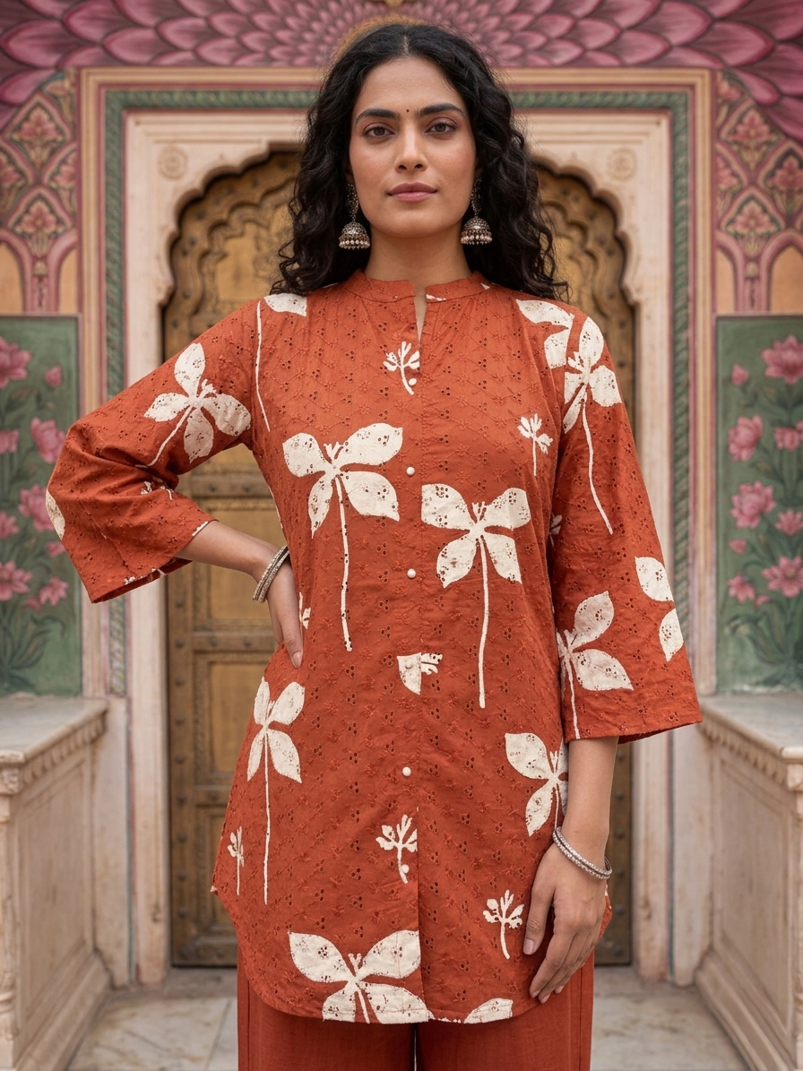 Women's Schiffli Red cotton co-ord set with soft lining, floral placement print and embroidered cotton pants by Fabculture