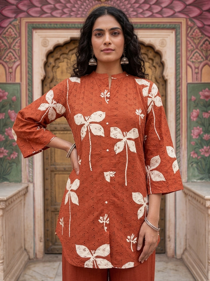 Women's Schiffli Red cotton co-ord set with soft lining, floral placement print and embroidered cotton pants by Fabculture