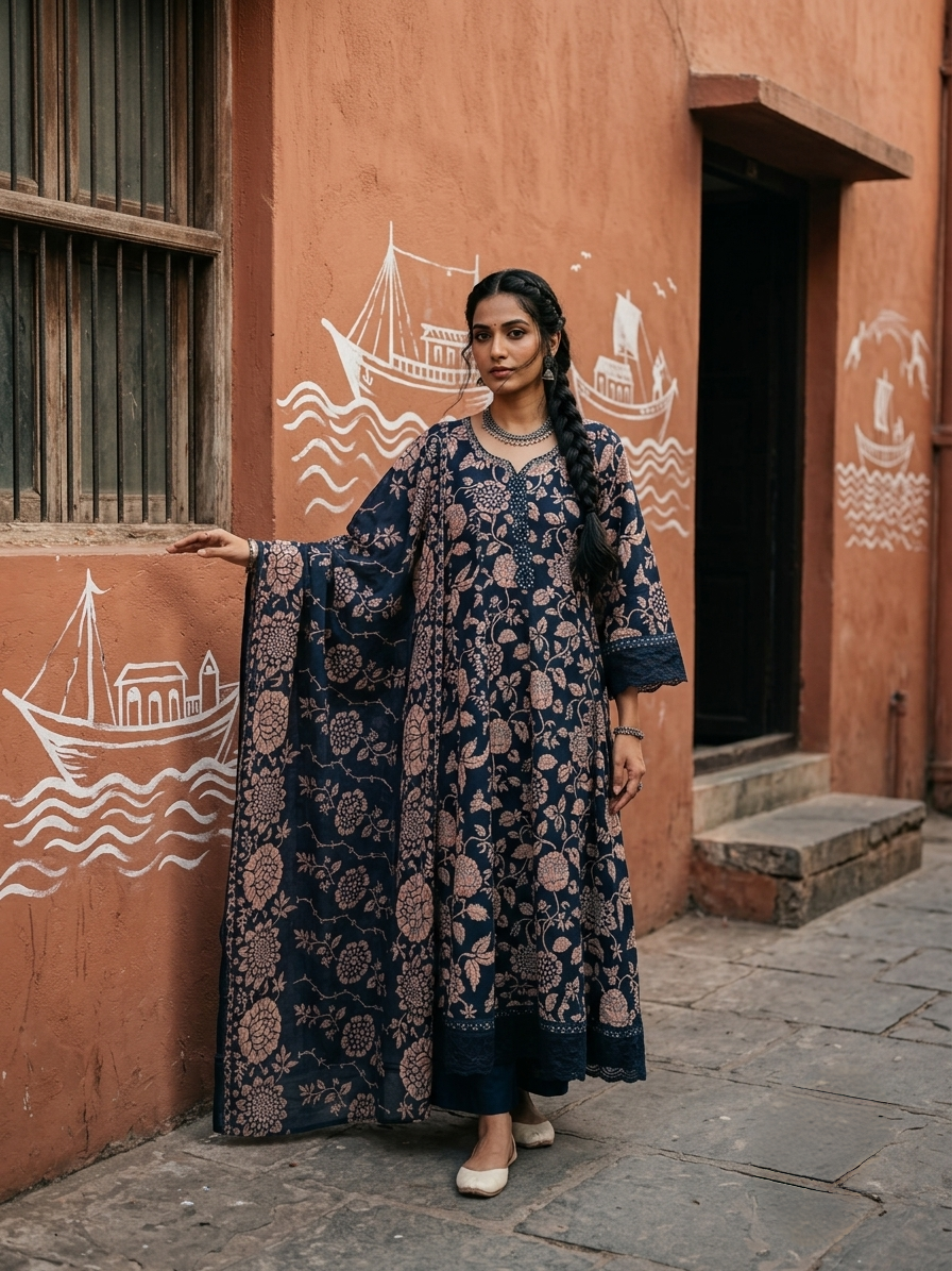 Premium pure cotton floral printed kurta set with matching dupatta and pants
