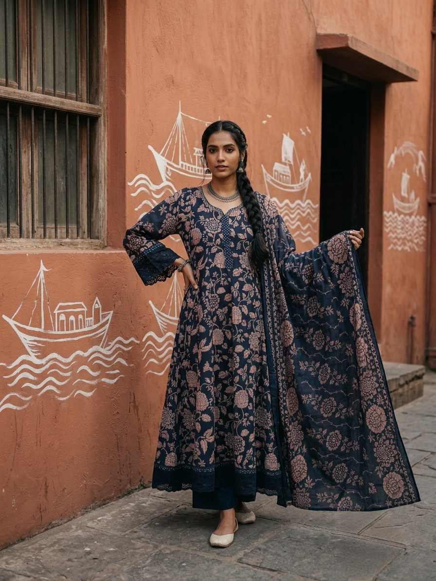 Premium pure cotton floral printed kurta set with matching dupatta and pants