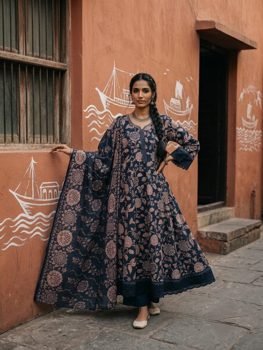 Premium pure cotton floral printed kurta set with matching dupatta and pants