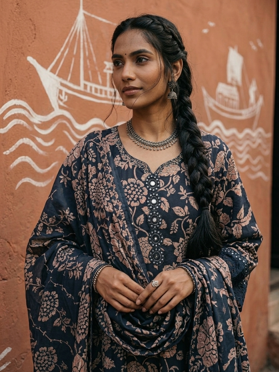 Premium pure cotton floral printed kurta set with matching dupatta and pants