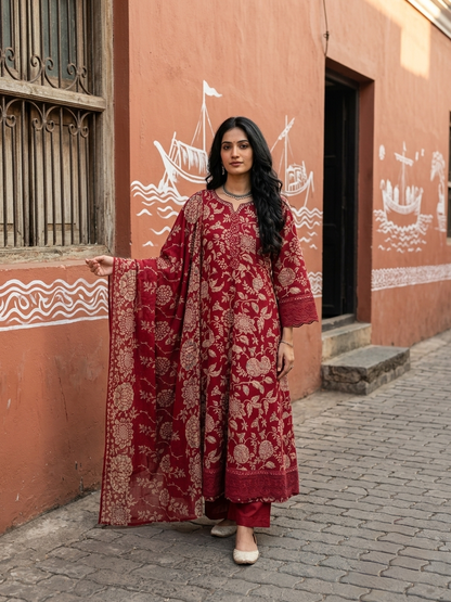 Women's pure cotton floral printed suit set with matching cotton pants and coordinated dupatta by Fabculture