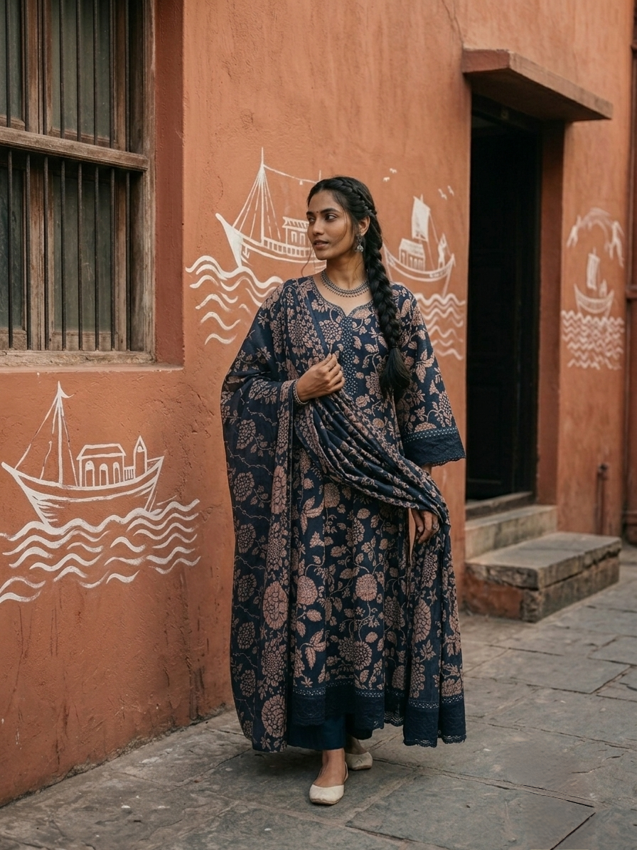 Premium pure cotton floral printed kurta set with matching dupatta and pants