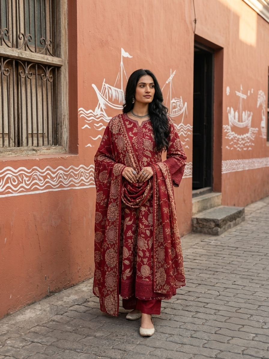 Women's pure cotton floral printed suit set with matching cotton pants and coordinated dupatta by Fabculture