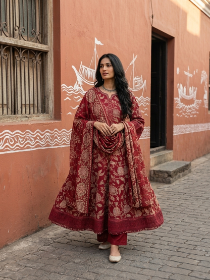 Women's pure cotton floral printed suit set with matching cotton pants and coordinated dupatta by Fabculture