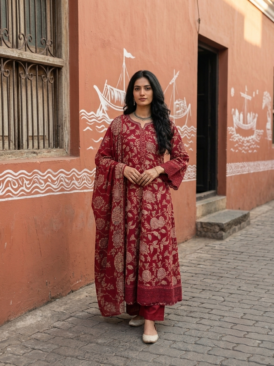 Women's pure cotton floral printed suit set with matching cotton pants and coordinated dupatta by Fabculture