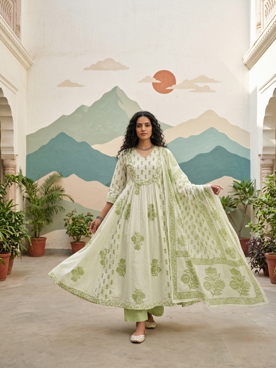 Green cotton Aline suit set for everyday wear available in size M L XL 2XL 3XL 