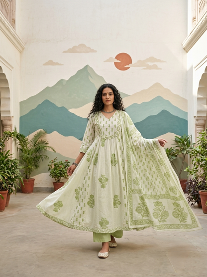 Green cotton Aline suit set for everyday wear available in size M L XL 2XL 3XL 