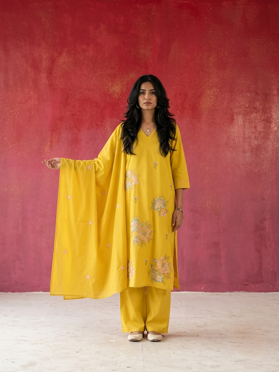 Women's pure cotton embroidered suit set with floral embroidery, cotton mulmul dupatta and matching cotton pants by Fabculture
