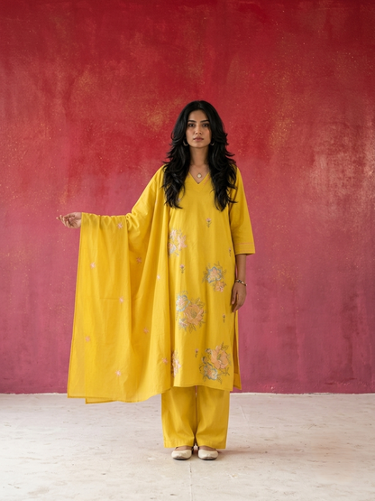 Women's pure cotton embroidered suit set with floral embroidery, cotton mulmul dupatta and matching cotton pants by Fabculture