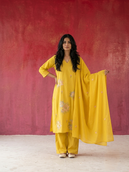 Women's pure cotton embroidered suit set with floral embroidery, cotton mulmul dupatta and matching cotton pants by Fabculture