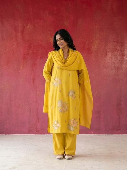 Women's pure cotton embroidered suit set with floral embroidery, cotton mulmul dupatta and matching cotton pants by Fabculture