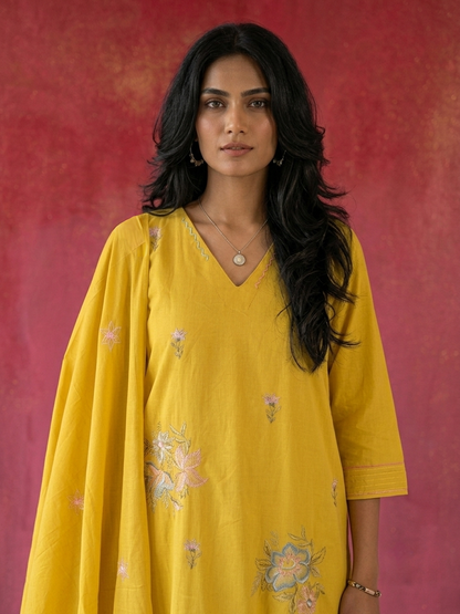 Women's pure cotton embroidered suit set with floral embroidery, cotton mulmul dupatta and matching cotton pants by Fabculture
