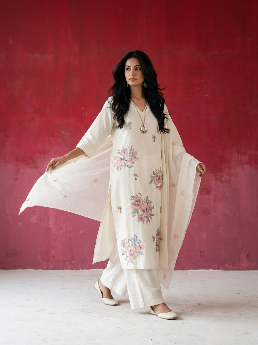 Women's pure cotton embroidered suit set with floral embroidery, cotton mulmul dupatta and matching cotton pants by Fabculture