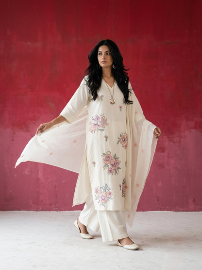 Women's pure cotton embroidered suit set with floral embroidery, cotton mulmul dupatta and matching cotton pants by Fabculture