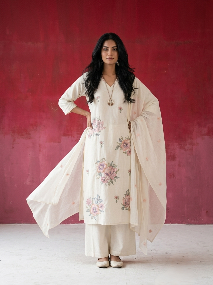 Women's pure cotton embroidered suit set with floral embroidery, cotton mulmul dupatta and matching cotton pants by Fabculture