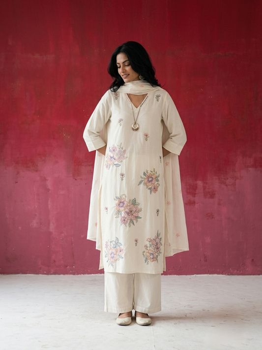 Women's pure cotton embroidered suit set with floral embroidery, cotton mulmul dupatta and matching cotton pants by Fabculture