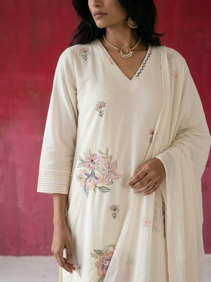 Women's pure cotton embroidered suit set with floral embroidery, cotton mulmul dupatta and matching cotton pants by Fabculture