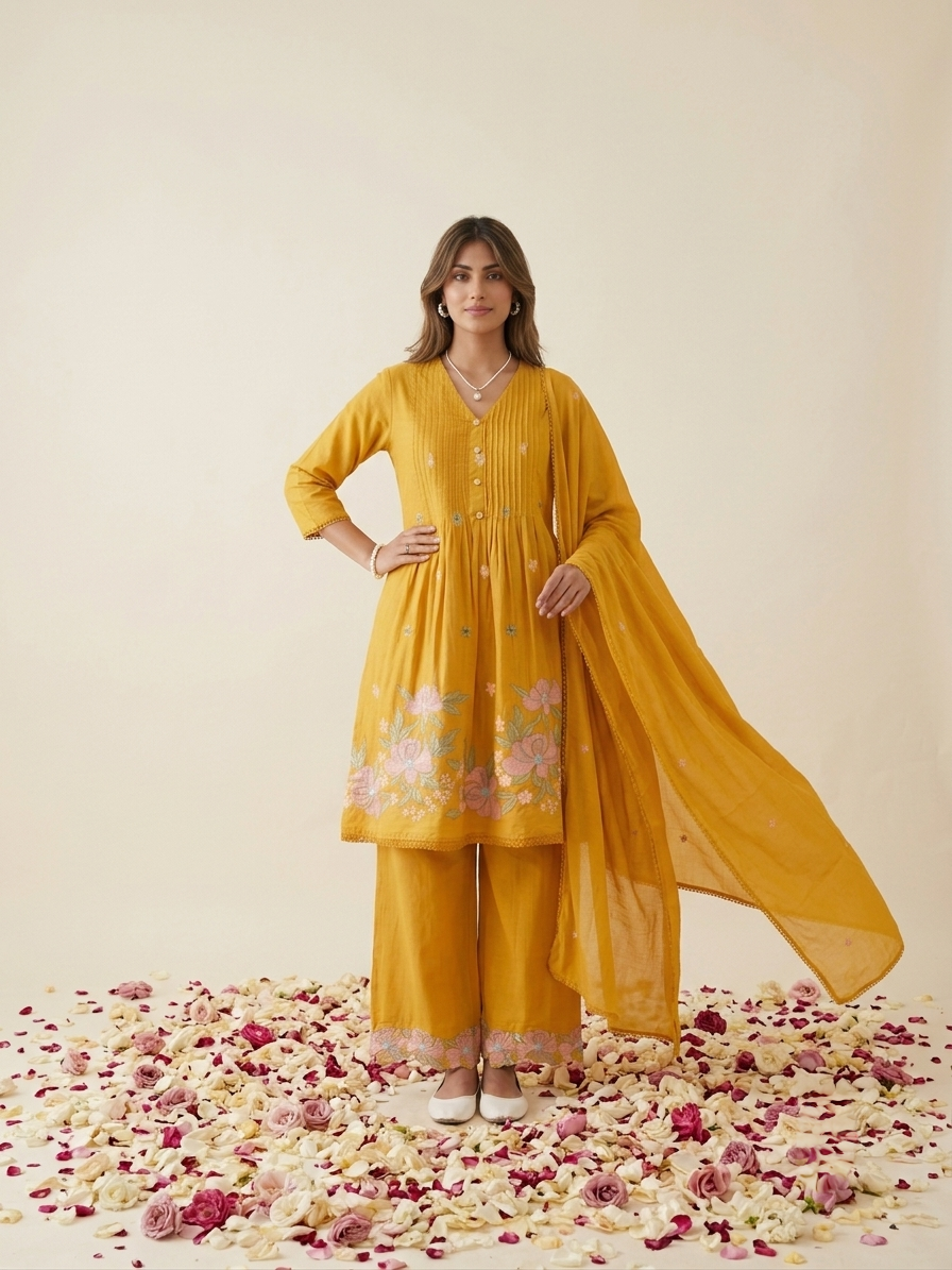 Floral embroidered kurta set with pants and dupatta in mustard, pink and navy blue