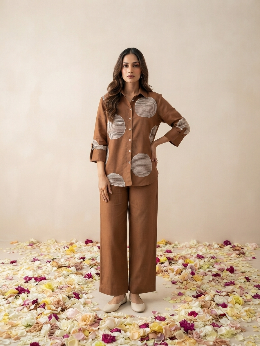 Women's pure cotton co-ord set featuring oversized dot motif detailing, button-front shirt and relaxed fit pants by Fabculture