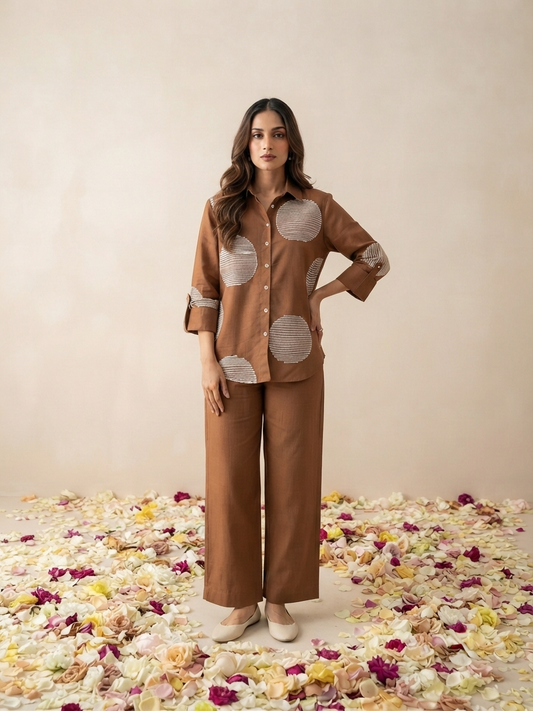 Women's pure cotton co-ord set featuring oversized dot motif detailing, button-front shirt and relaxed fit pants by Fabculture