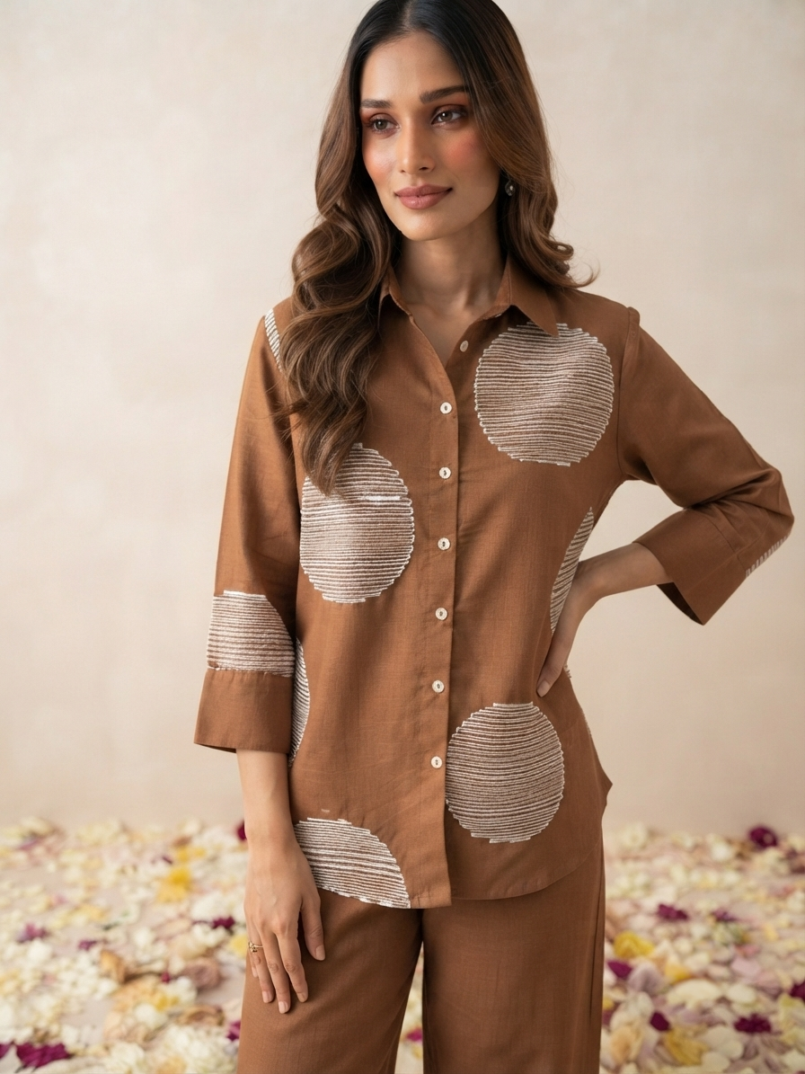 Women's pure cotton co-ord set featuring oversized dot motif detailing, button-front shirt and relaxed fit pants by Fabculture