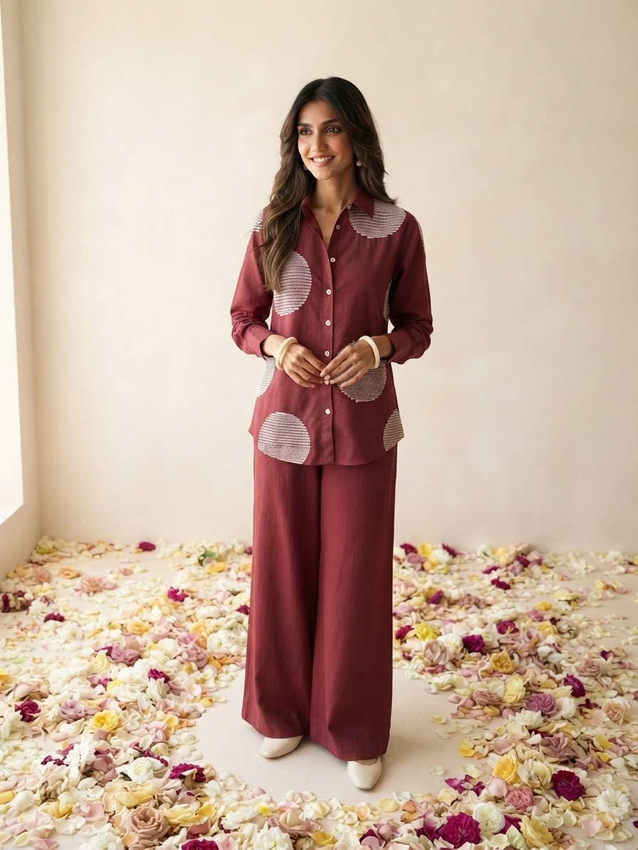 Women's pure cotton co-ord set featuring oversized dot motif detailing, button-front shirt and relaxed fit pants by Fabculture