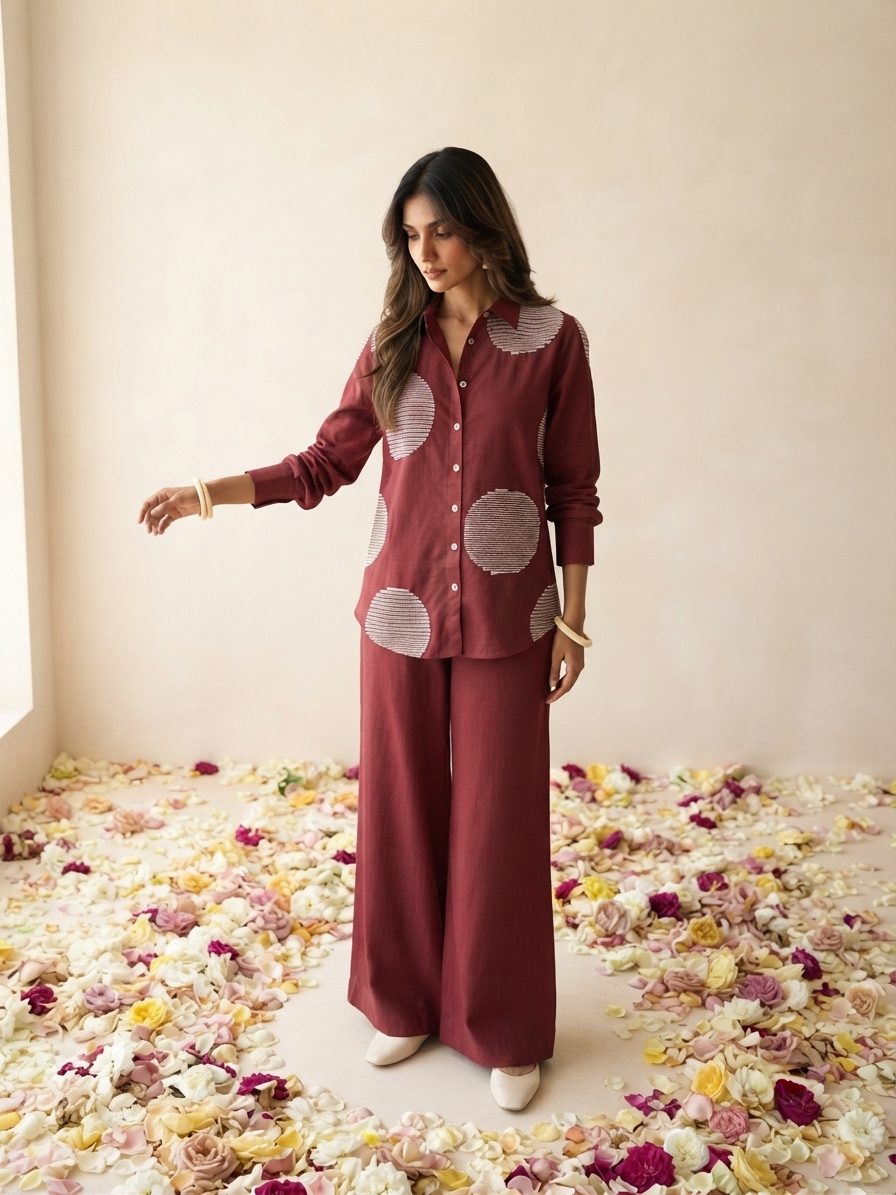 Women's pure cotton co-ord set featuring oversized dot motif detailing, button-front shirt and relaxed fit pants by Fabculture