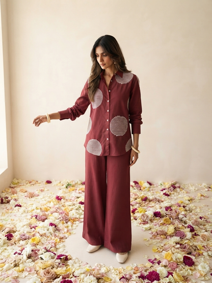 Women's pure cotton co-ord set featuring oversized dot motif detailing, button-front shirt and relaxed fit pants by Fabculture