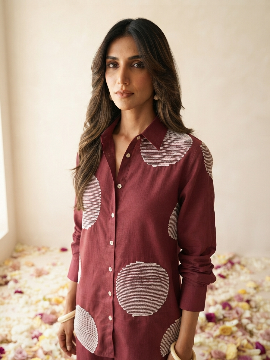 Women's pure cotton co-ord set featuring oversized dot motif detailing, button-front shirt and relaxed fit pants by Fabculture