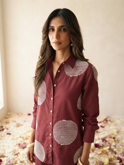Women's pure cotton co-ord set featuring oversized dot motif detailing, button-front shirt and relaxed fit pants by Fabculture