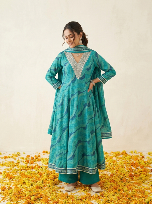 Pure Muslin Leheriya Anarkali Kurta Set - Blue