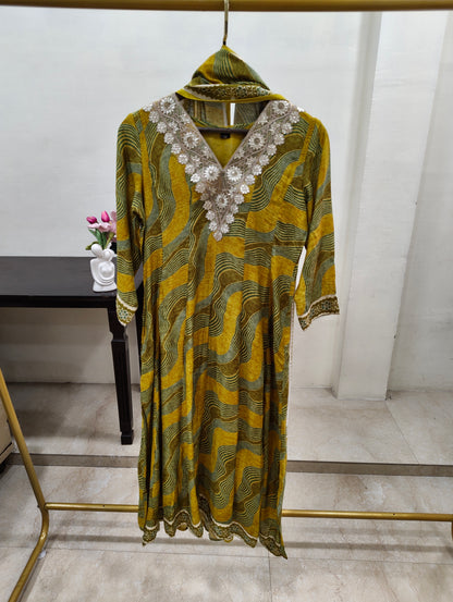 Pure Muslin Leheriya Anarkali Kurta Set - Yellow