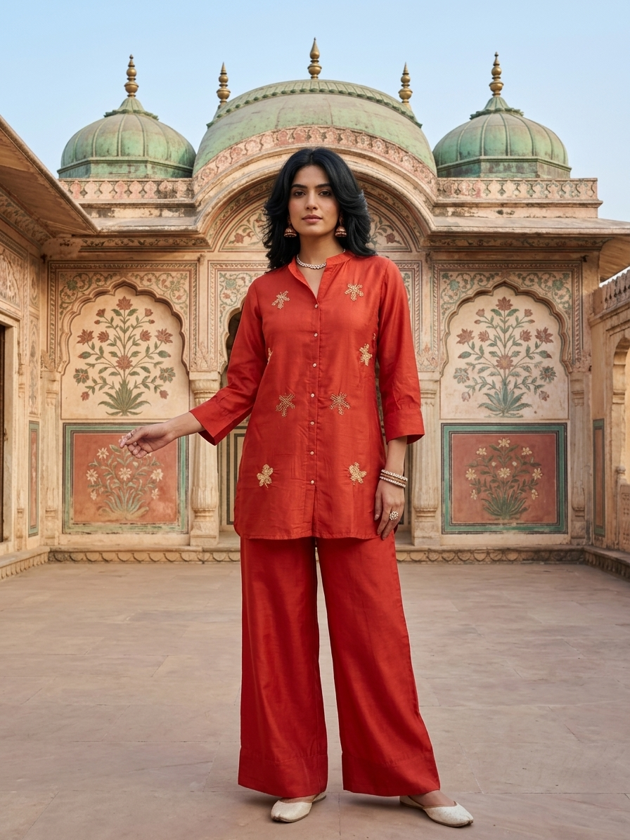 Women wearing Russian Silk Red co-ord set with golden leaf embroidery
