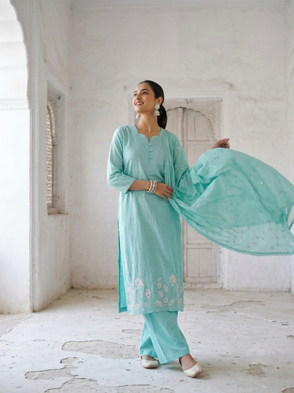 Women’s pure cotton embroidered kurta pant set with matching cotton dupatta in pastel pink and aqua blue, lightweight breathable ethnic wear for office, casual, and festive occasions.