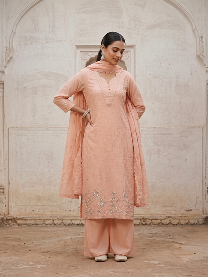Women’s pure cotton embroidered kurta pant set with matching cotton dupatta in pastel pink and aqua blue, lightweight breathable ethnic wear for office, casual, and festive occasions.